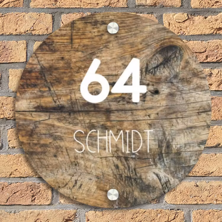Verweerd hout - Modern Naambord Rond klein -sfeer1