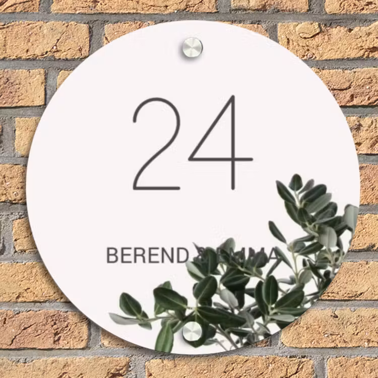 Wit met bladeren - Klassiek Naambord Rond klein -sfeer1