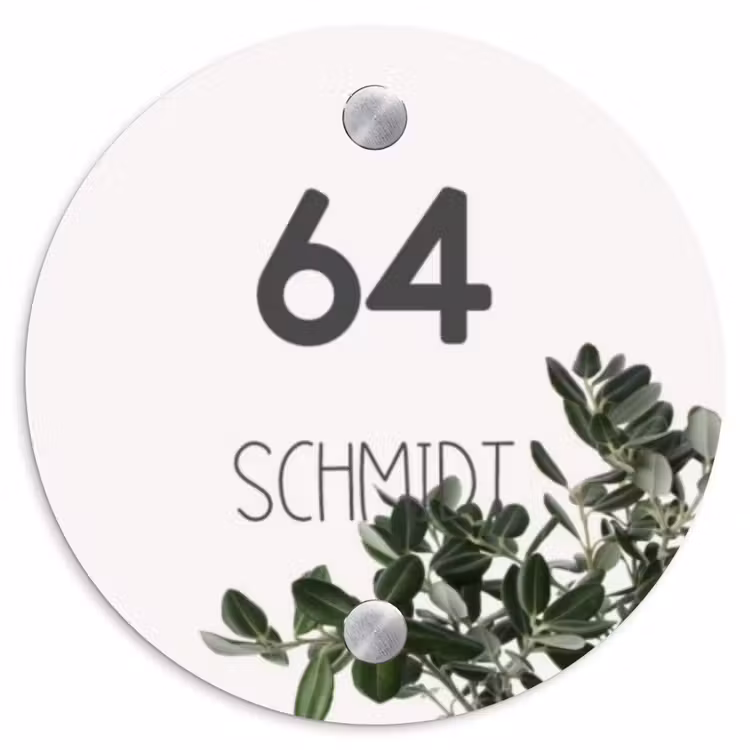 Wit met bladeren - Modern Naambord Rond klein -3d