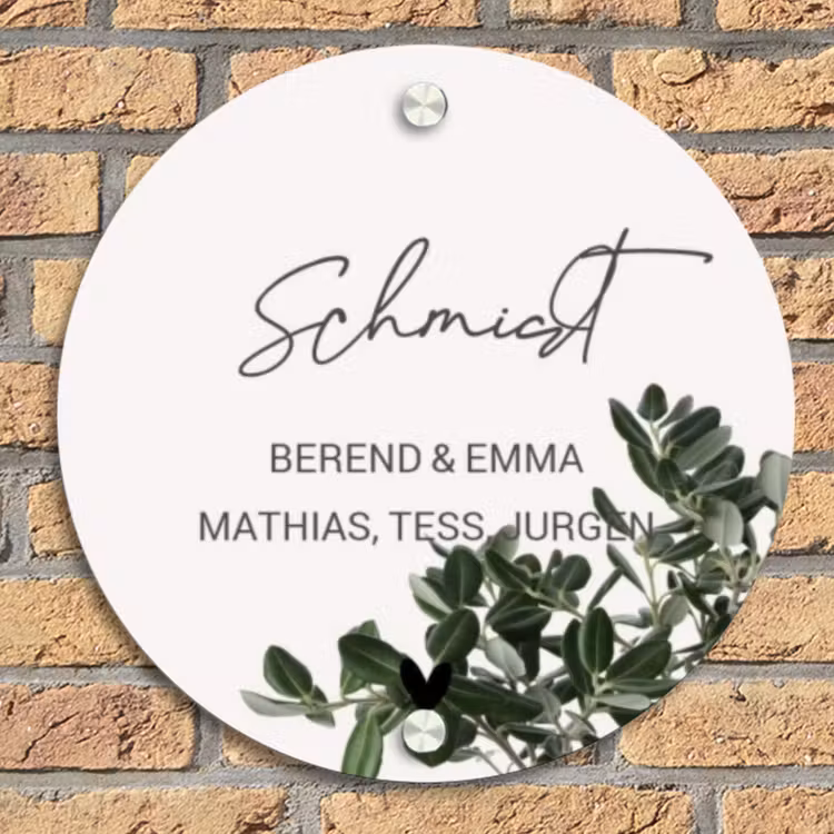 Wit met bladeren - Sierlijk Naambord Rond klein -sfeer1