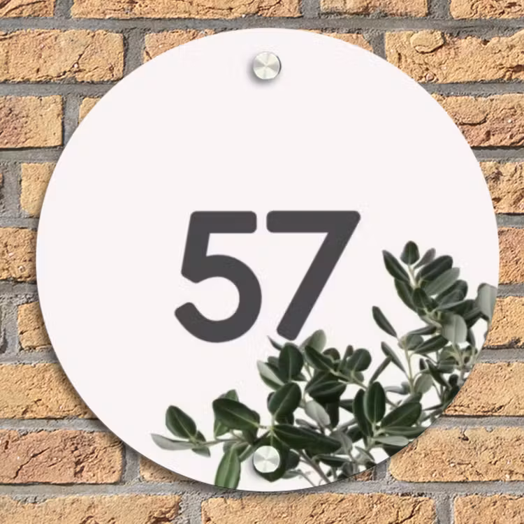 Wit met bladeren - Traditioneel Naambord Rond klein -sfeer1