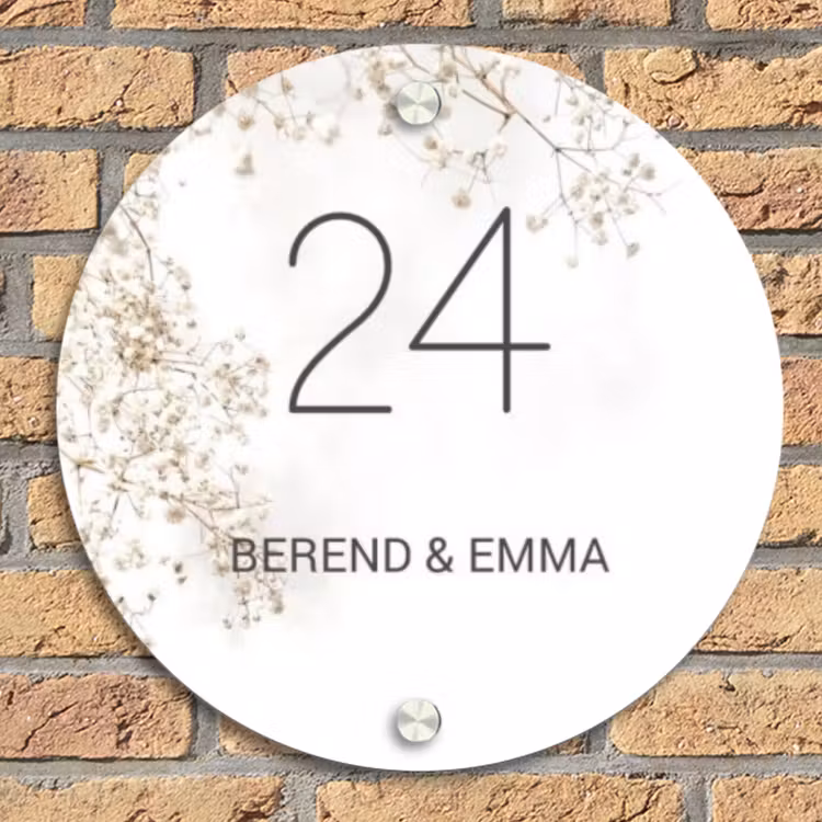 Wit met bloementakjes - Klassiek Naambord Rond klein -sfeer1