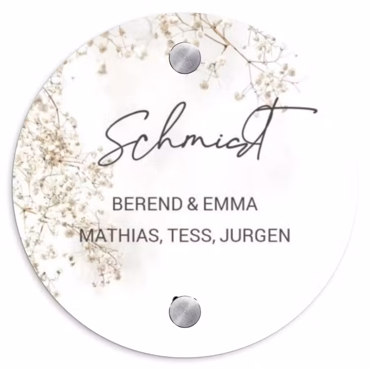 Wit met bloementakjes - Sierlijk Naambord Rond klein -3d