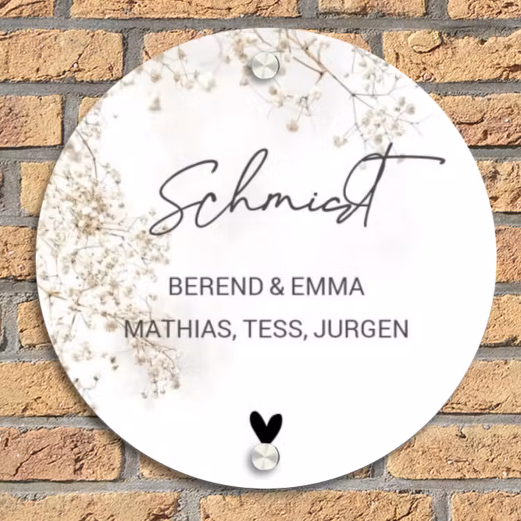 Wit met bloementakjes - Sierlijk Naambord Rond klein -sfeer1