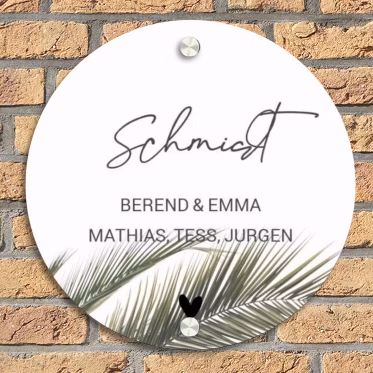Wit met palmblad - Sierlijk Naambord Rond klein -sfeer1