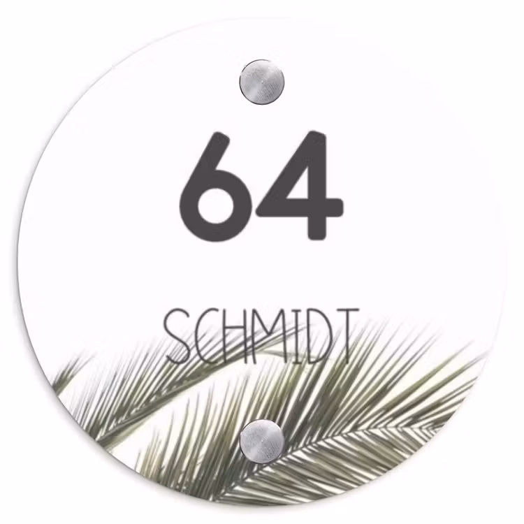 Wit met palmblad - Modern Naambord Rond klein -3d