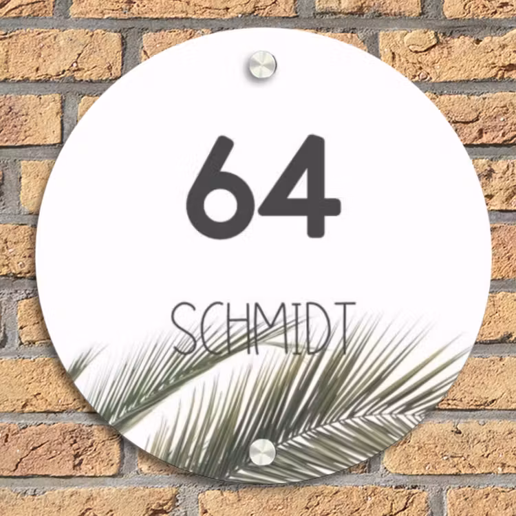 Wit met palmblad - Modern Naambord Rond klein -sfeer1