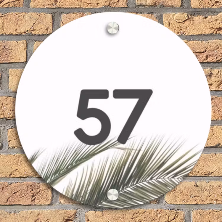 Wit met palmblad - Traditioneel Naambord Rond klein -sfeer1