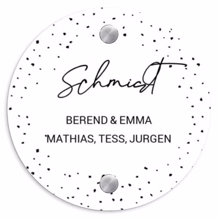 Wit met stippen - Sierlijk Naambord Rond klein -3d