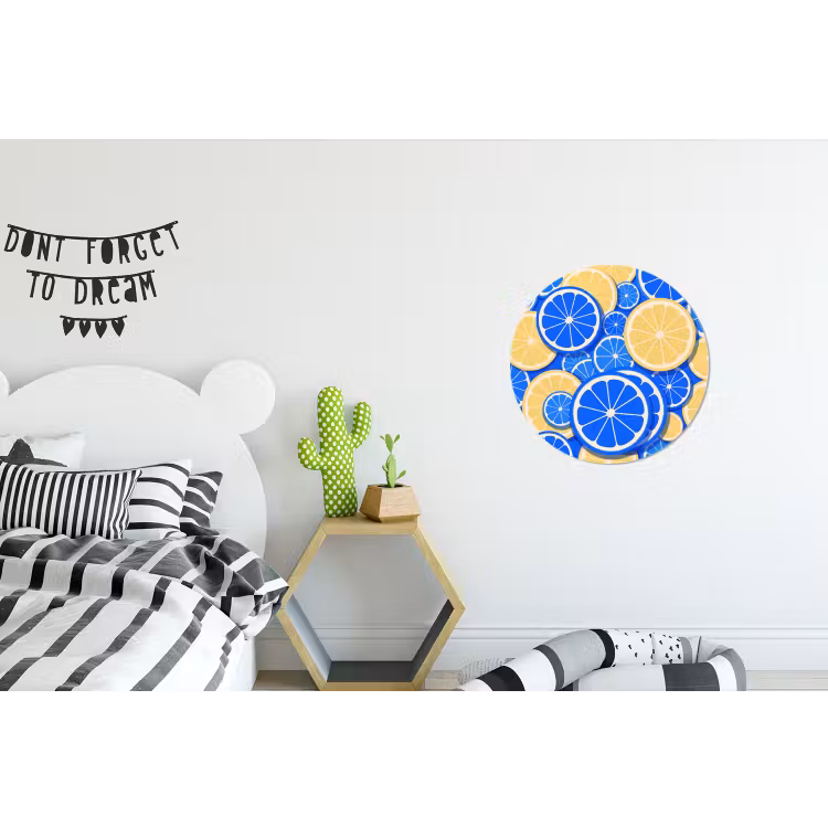 Fruit - Schijven - Patroon - Modern - Blauw - Geel Wandcirkel aluminium klein -kinderkamer