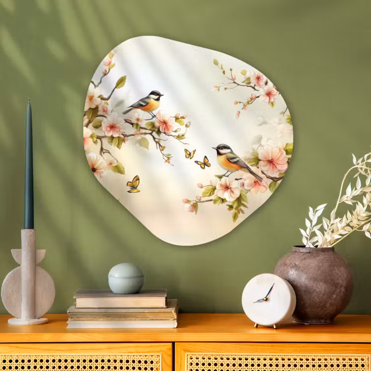 Takken - Bloemen - Vogeltjes - Roze Wandcirkel Organisch Aluminium middel -sfeer2