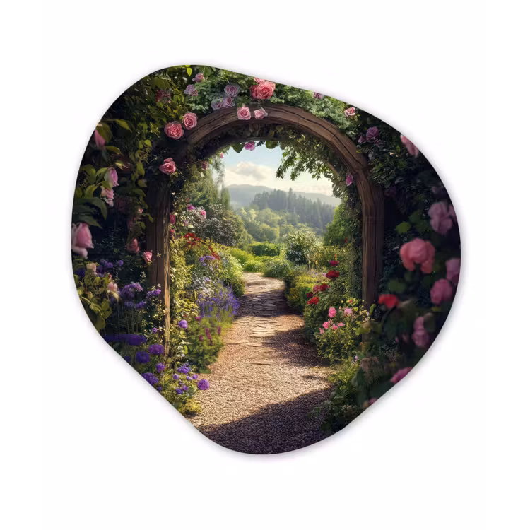 Doorkijk - Landschap - Bloemen - Rozenboog - Natuur Wandcirkel Organisch Aluminium middel -3d
