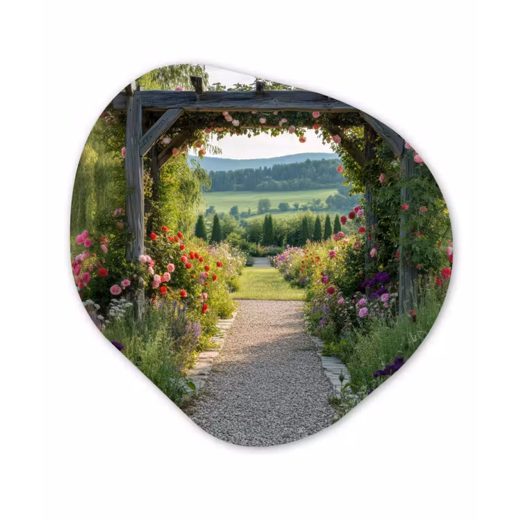 Doorkijk - Landschap - Natuur - Tuinboog - Bloemen Wandcirkel Organisch Aluminium middel -3d