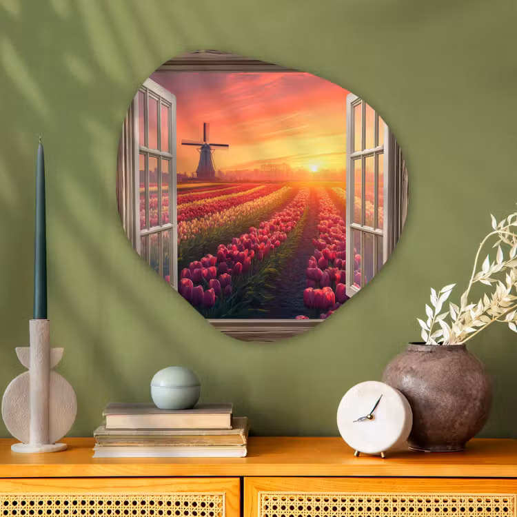 Doorkijk - Tulpen - Zonsondergang - Bloemen - Kleurrijk Wandcirkel Organisch Aluminium middel -sfeer2
