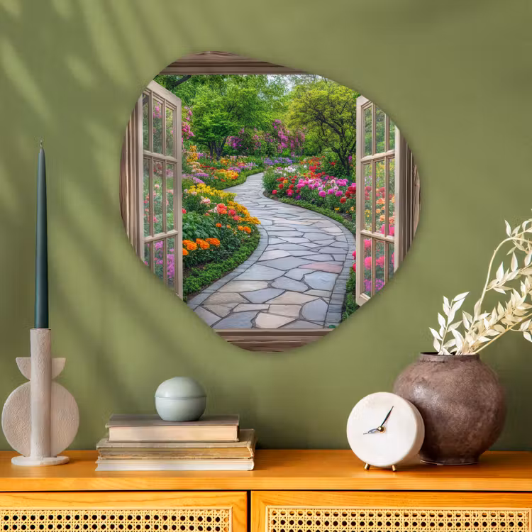 Doorkijk - Bloemen - Tuinpad - Natuur - Raam Wandcirkel Organisch Aluminium middel -sfeer2