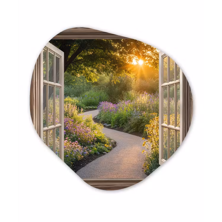 Doorkijk - Bloemen - Natuur - Zon - Pad Wandcirkel Organisch Aluminium middel -3d