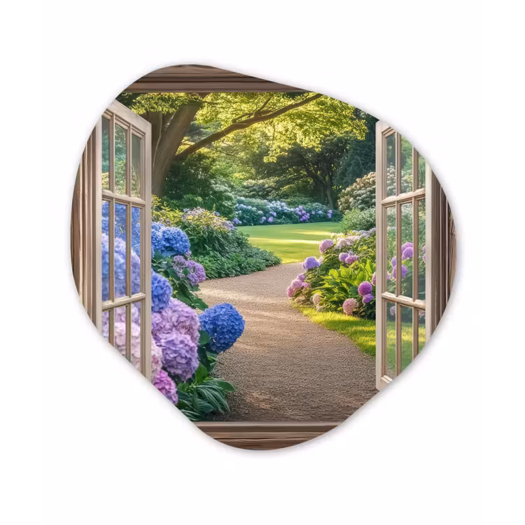Doorkijk - Tuin - Raam - Hortensia - Bloemen Wandcirkel Organisch Aluminium middel -3d