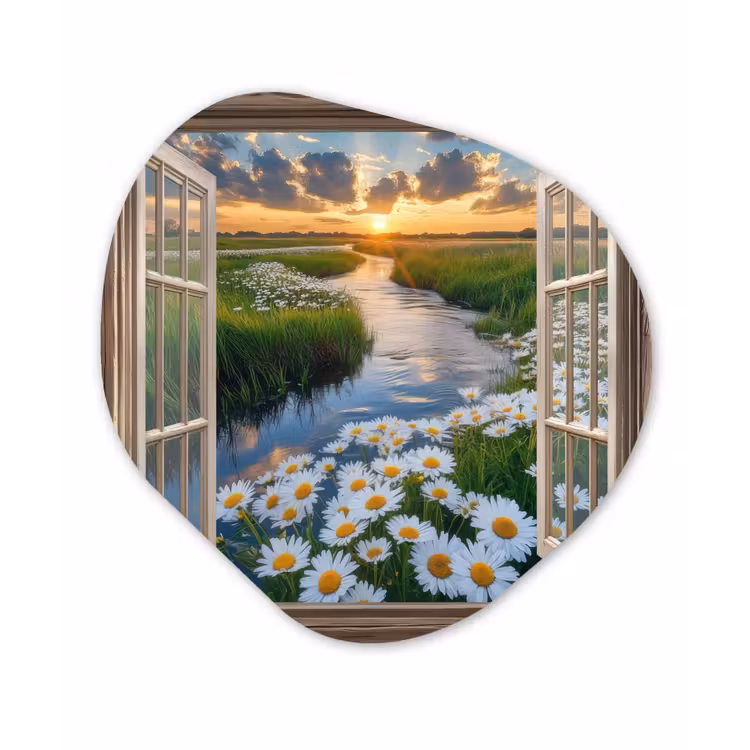 Doorkijk - Landschap - Raam - Water - Zonsondergang Wandcirkel Organisch Aluminium middel -3d