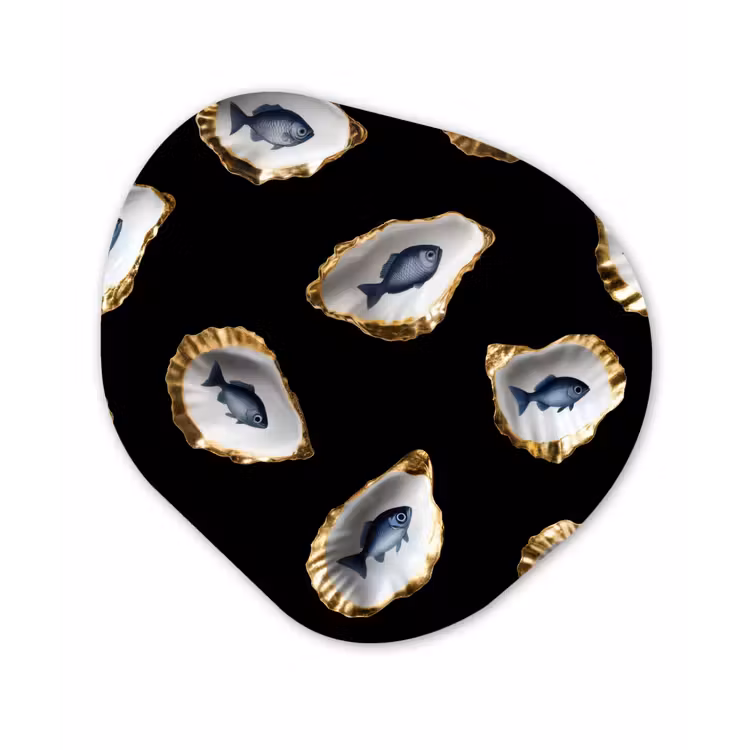 Oesters - Vissen - Blauw - Goud Wandcirkel Organisch Aluminium middel -3d