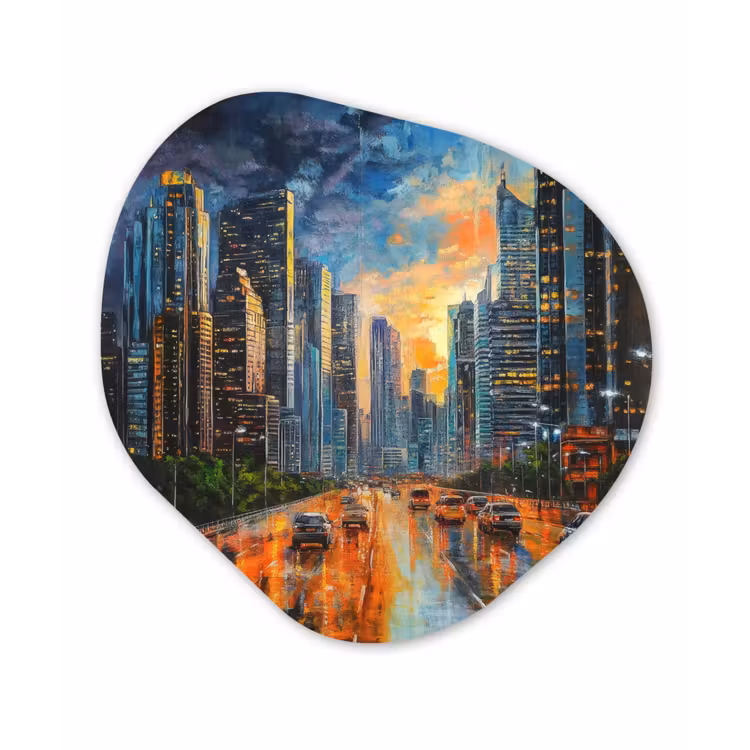 Auto - Skyline - Zon - Blauw Wandcirkel Organisch Aluminium middel -3d
