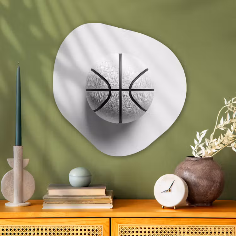 Basketbal - Wit - Schaduw - Lijnen Wandcirkel Organisch Aluminium middel -sfeer2
