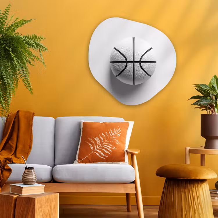 Basketbal - Wit - Schaduw - Lijnen Wandcirkel Organisch Aluminium middel -sfeer4