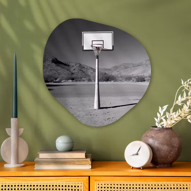 Basketbalpaal - Landschap - Zand - Wit Wandcirkel Organisch Aluminium middel -sfeer2
