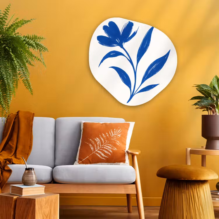 Bloem - Blaadjes - Minimalistisch - Blauw Wandcirkel Organisch Aluminium middel -sfeer4
