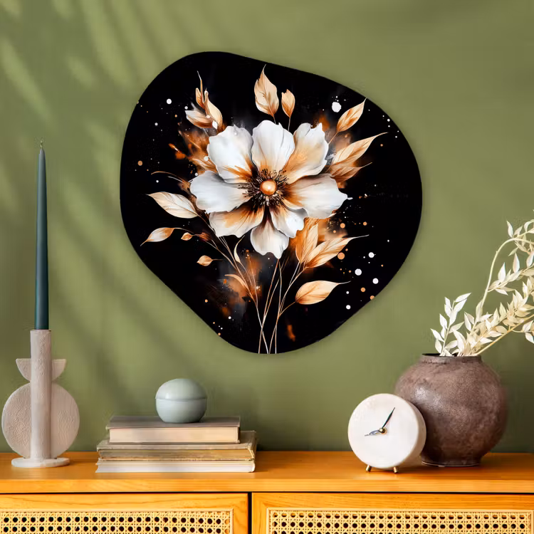Bloem - Verf - Goud - Graffiti - Modern Wandcirkel Organisch Aluminium middel -sfeer2