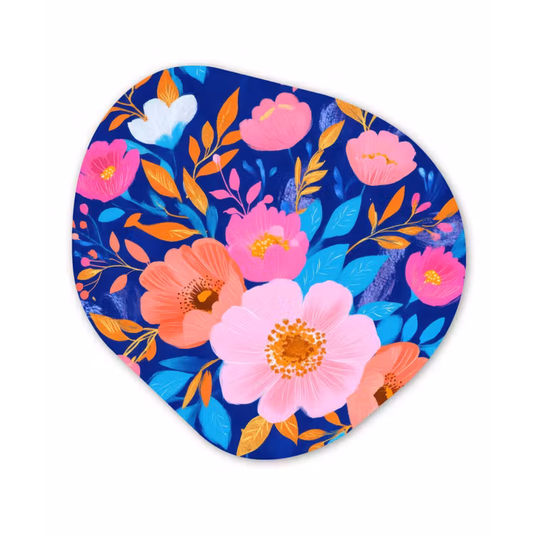 Bloemen - Blauw - Roze Wandcirkel Organisch Aluminium middel -3d
