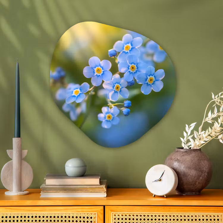 Bloemetjes - Blauw - Vergeet mij nietjes Wandcirkel Organisch Aluminium middel -sfeer2