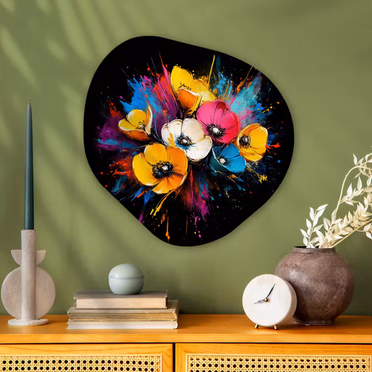 Bloemen - Kleurrijk - Graffiti - Modern - Boeket Wandcirkel Organisch Aluminium middel -sfeer2