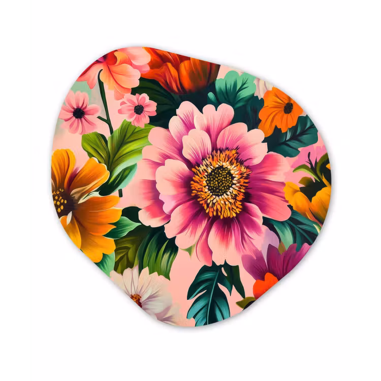 Bloemen - Kleurrijk - Roze Wandcirkel Organisch Aluminium middel -3d