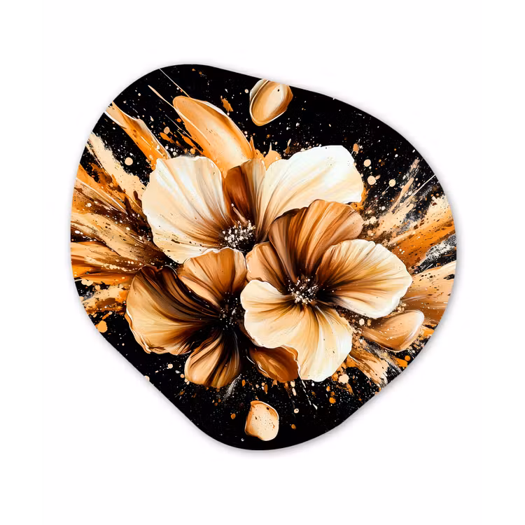 Bloemen - Goud - Graffiti - Zwart - Abstract Wandcirkel Organisch Aluminium middel -3d