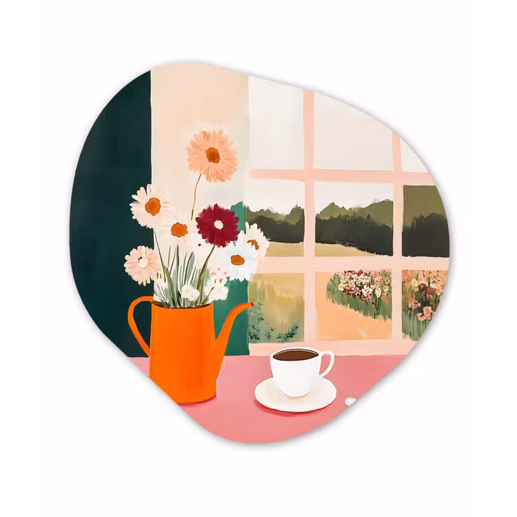 Bloemen - Koffie - Raam Wandcirkel Organisch Aluminium middel -3d