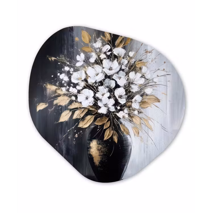 Bloemen - Wit - Vaas - Abstract Wandcirkel Organisch Aluminium middel -3d