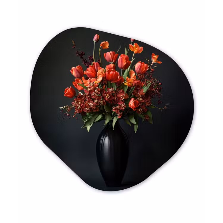 Boeket - Tulpen - Vaas - Rood Wandcirkel Organisch Aluminium middel -3d