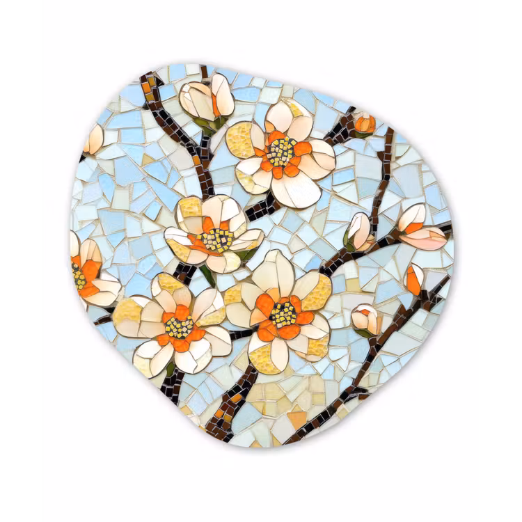 Bloesems - Wit - Mozaïek - Tak Wandcirkel Organisch Aluminium middel -3d