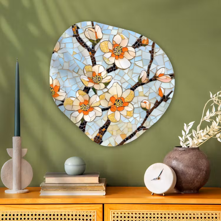 Bloesems - Wit - Mozaïek - Tak Wandcirkel Organisch Aluminium middel -sfeer2