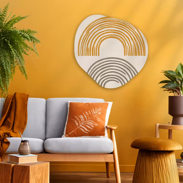 Bogen - Lijnen - Oranje - Minimalistisch Wandcirkel Organisch Aluminium middel -sfeer4