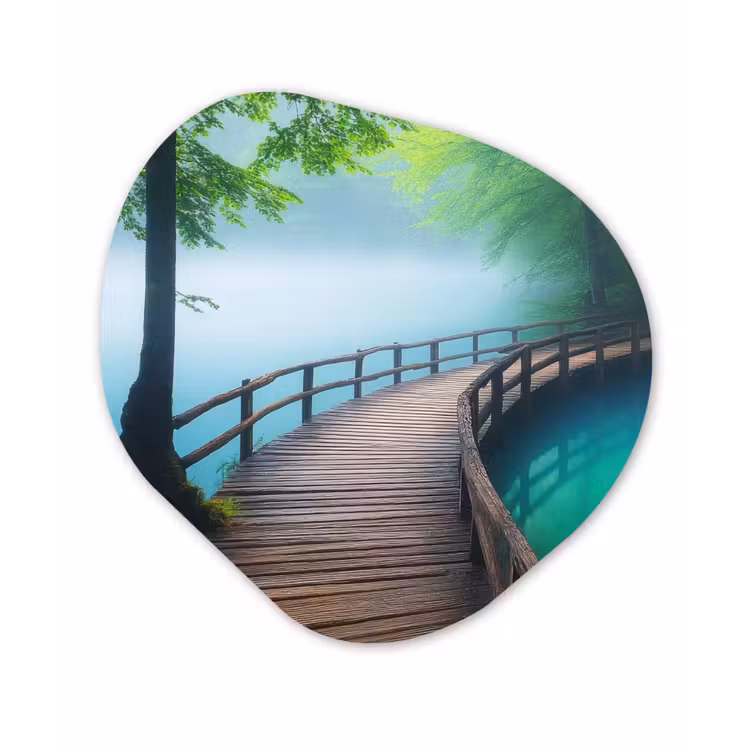 Brug - Water - Rivier - Bos Wandcirkel Organisch Aluminium middel -3d