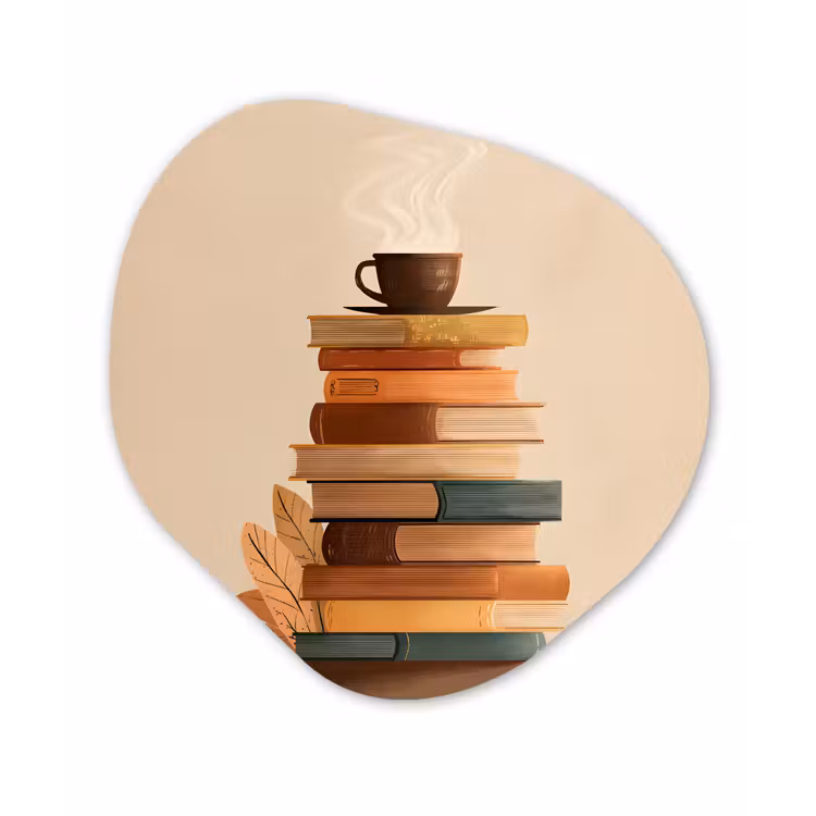 Boeken - Toren - Koffie - Beige Wandcirkel Organisch Aluminium middel -3d