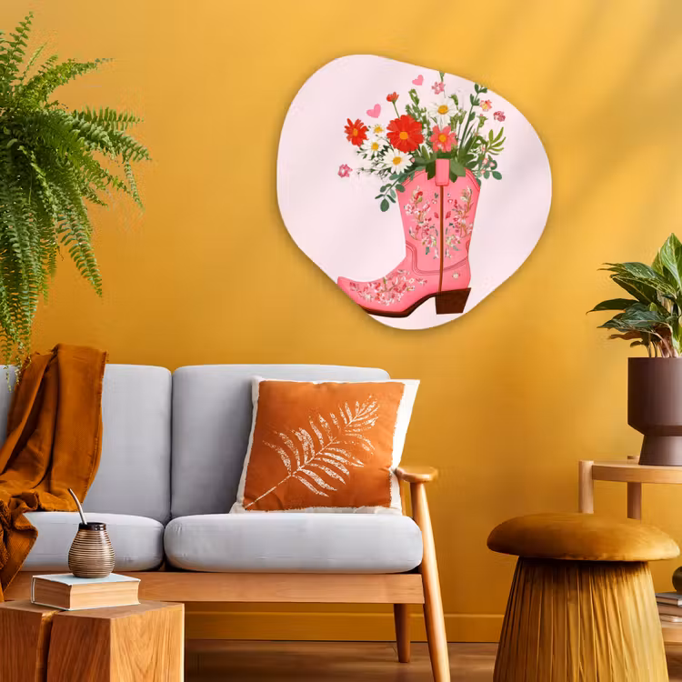 Cowboylaarzen - Roze - Boeket - Bloemen Wandcirkel Organisch Aluminium middel -sfeer4