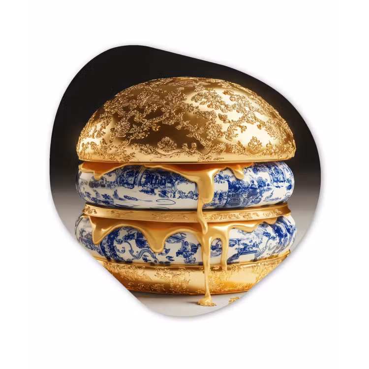 Delftsblauw - Goud - Burger Wandcirkel Organisch Aluminium middel -3d