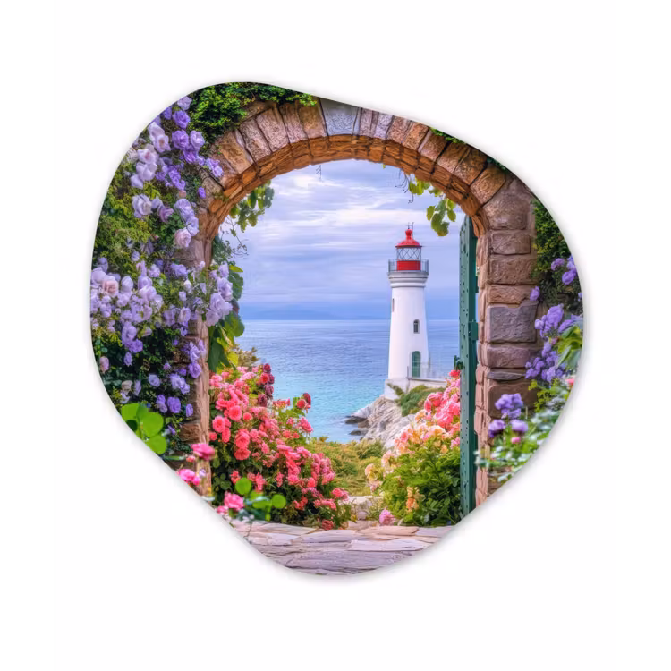 Doorkijk - Vuurtoren - Bloemen - Uitzicht Wandcirkel Organisch Aluminium middel -3d