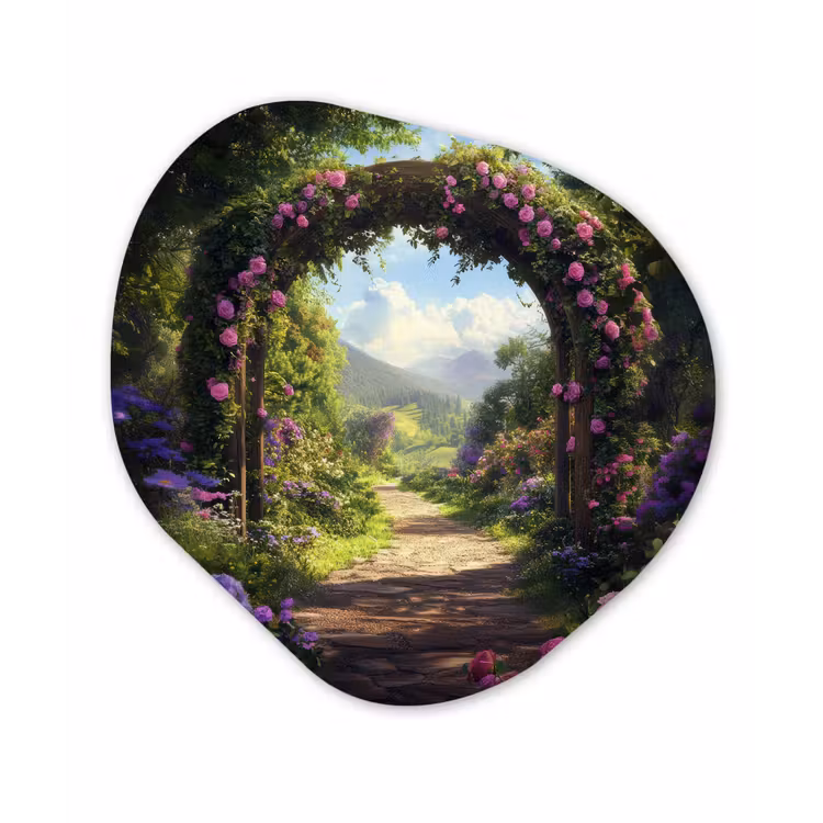 Doorkijk - Rozenboog - Uitzicht - Landschap - Bloemen Wandcirkel Organisch Aluminium middel -3d