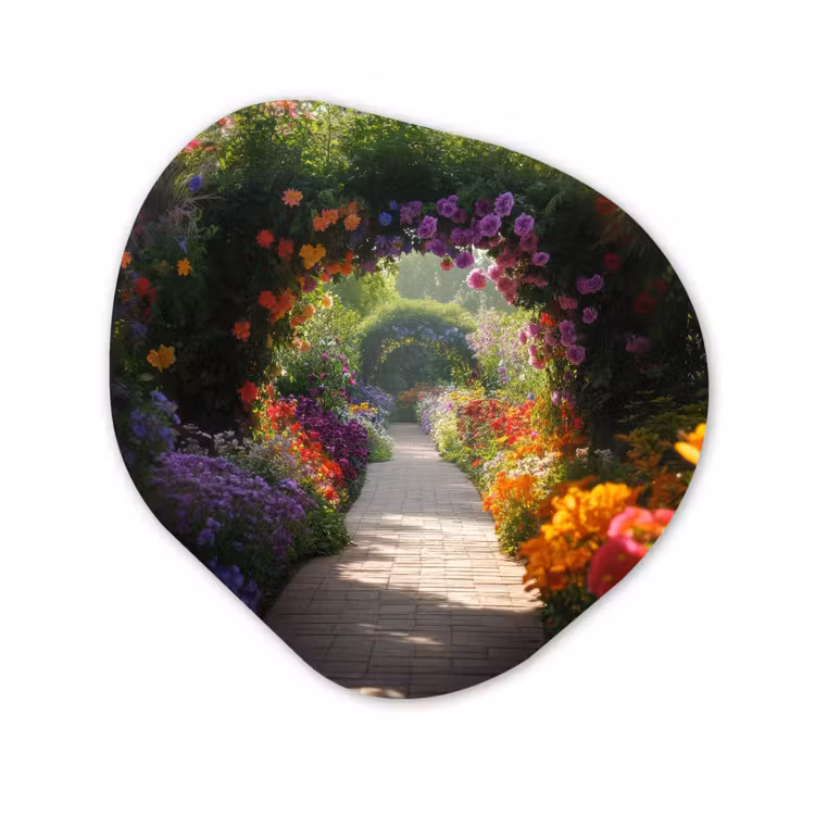 Doorkijk - Pad - Bloemen - Struik - Kleurrijk Wandcirkel Organisch Aluminium middel -3d