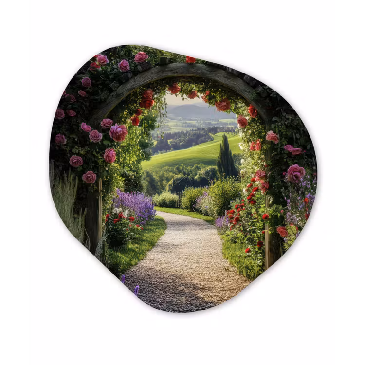 Doorkijk - Tuinboog - Bloemen - Natuur - Pad Wandcirkel Organisch Aluminium middel -3d