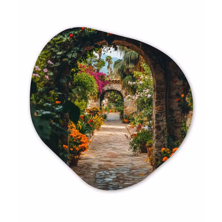 Doorkijk - Bloemen - Poort - Stenen Wandcirkel Organisch Aluminium middel -3d