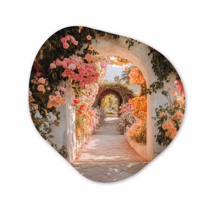 Doorkijk - Boog - Bloemen - Pastel Wandcirkel Organisch Aluminium middel -3d